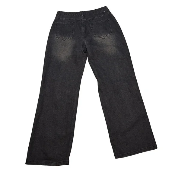 BYOUCOSY Womens Distressed Wide Leg Jeans Faded Black High Rise Ripped Size L - Picture 3 of 5